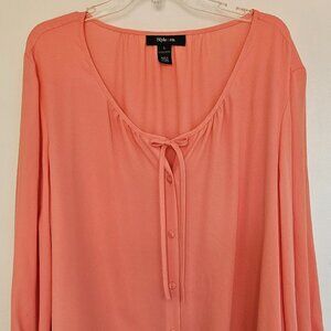Style & Co sheer light coral 7/8th sleeves blouse with great draping, tie neck
